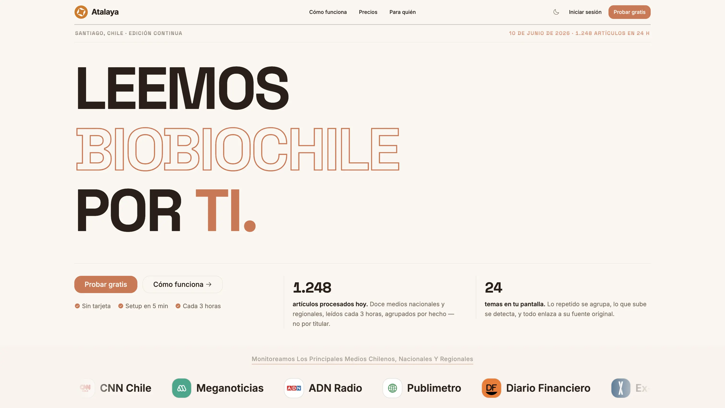 Captura de pantalla de Atalaya — Monitoreo de prensa chilena